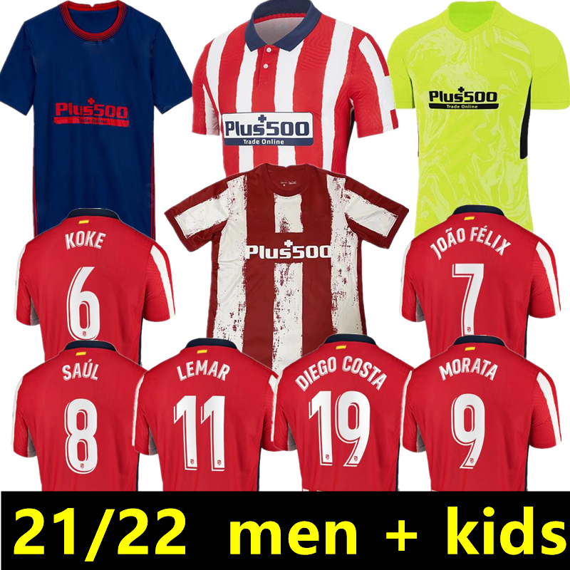 

Atletico Soccer Jersey 2021 22 JOAO FELIX Madrid MORATA M.LLORENTE Koke Saul Godin Diego Costa Camiseta Football shirts adult men uniforms + kids kit, Black;yellow