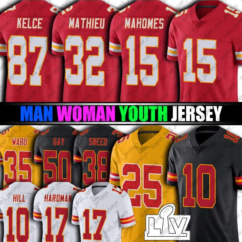 

15 Patrick Mahomes 87 Travis Kelce Jersey 32 Tyrann Mathieu 10 Tyreek Hill Jerseys Clyde Edwards-Helaire Mecole Hardman Demarcus Robinson, +patch woman size s-xxl (qz)