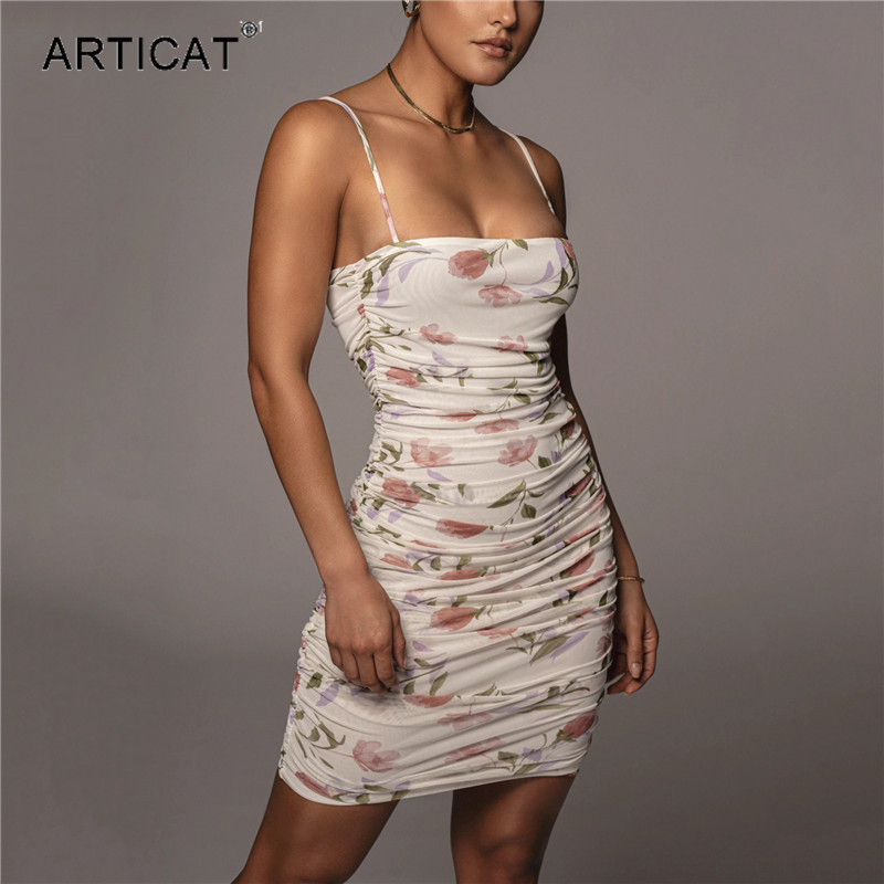 

mesh floral printed ruched bodycon dress women summer spaghetti strap backless partywear ladies elegant vestidoshigh quality, Black;gray
