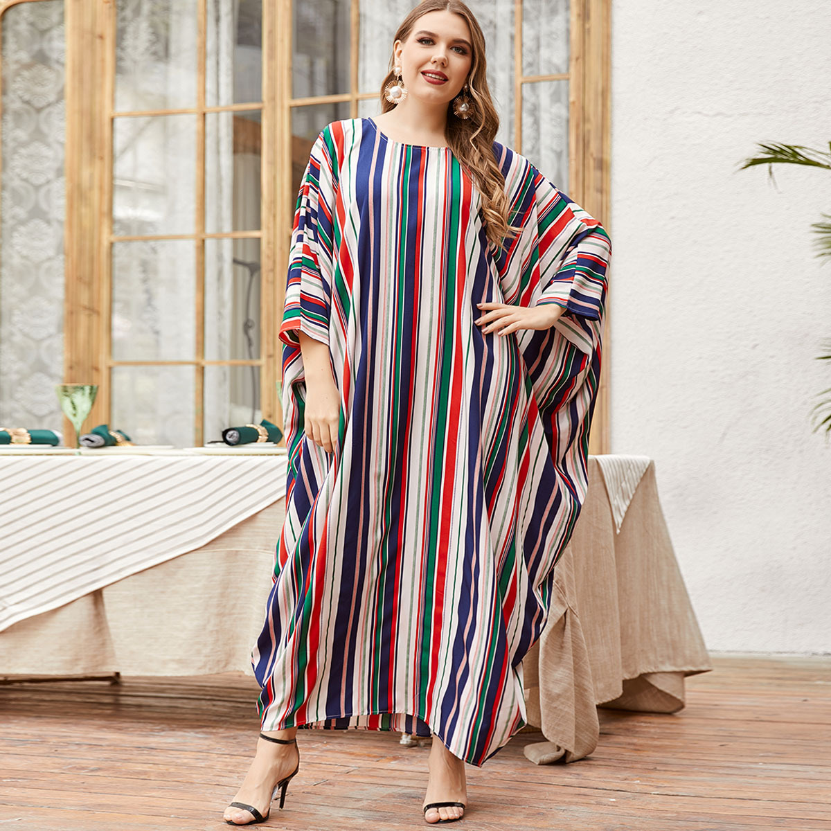 

Ramadan Turkey Women Muslim Dress Striped Bat Sleeve Abaya Duabi Arab Vestidos Moroccon Kaftan Islamic Clothing Jilbab Gown Robe