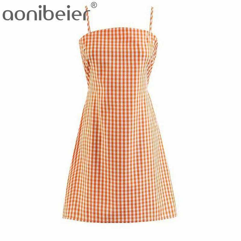 

Sexy Bow Tie Back Hollow Out Women Plaid Dress Summer Sleeveless Casual Mini High Waist Spaghetti Strap es 210604, Light yellow