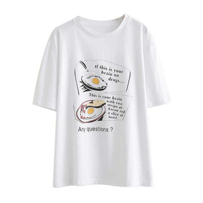 

Merry Pretty Women Cartoon Omelette Print Funny T Shirts Summer Short Sleeve O-Neck Cotton White Shirt Casual ops ees 210526