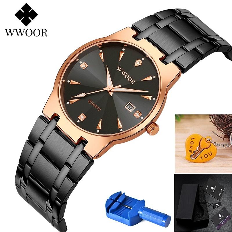 

Wristwatches WWOOR Men's Watch 8874 Diamond Scale Luminous Quartz Watches For Men Date Clock Male Rose Gold Wristwatch 2021 Tool, Rose black tool gift
