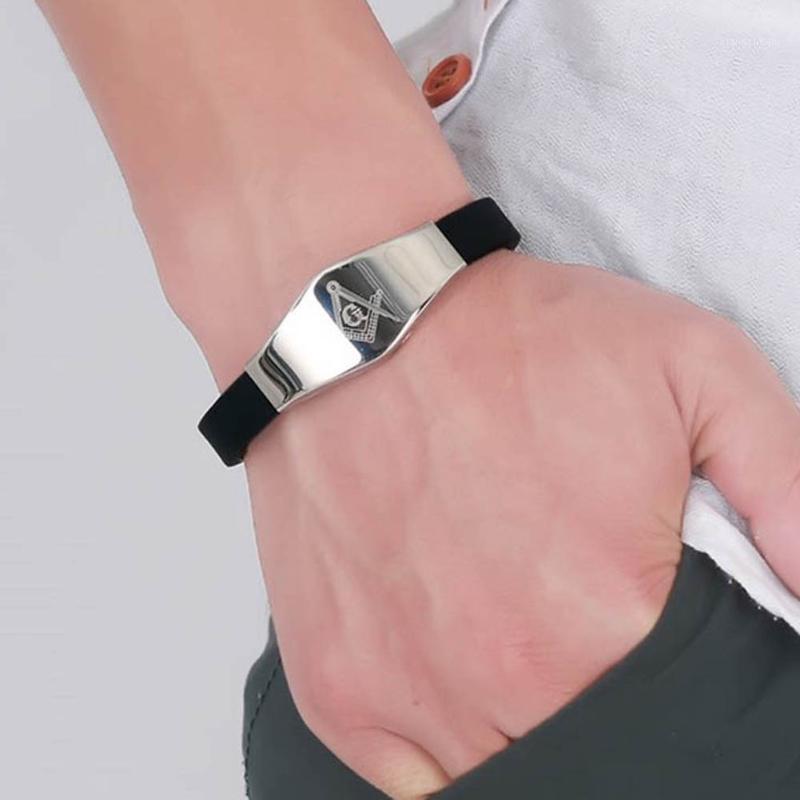 

1pcs Black Silicone Bracelet Charm Wristband Bracelets Stainless Steel Freemason Jewelry For Men Fashion Accessory Gift Beaded, Strands