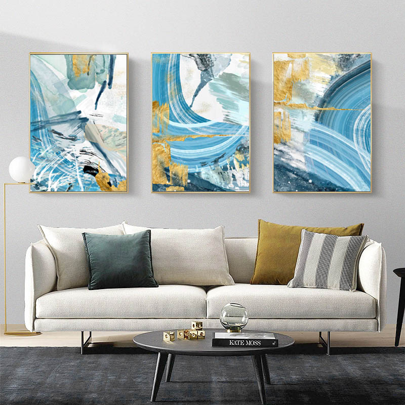

Nordic Blue Abstract Poster Canvas Painting Wall Art Gold Foil Picture HD Print For Living Room Home Decoration No Frame