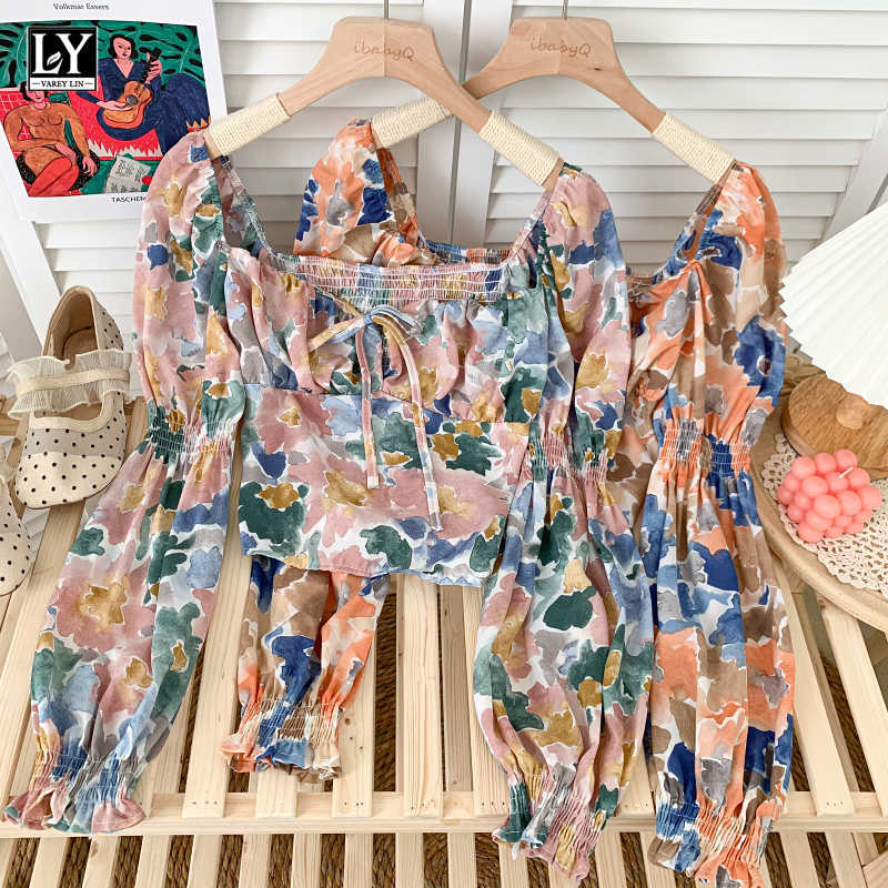 

LY VAREY LIN Spring Summer Women Sweet Puff Sleeve Lace Up Bow Fashion Shirts Casual Square Collar Flora High Waist Short 210526, Orange