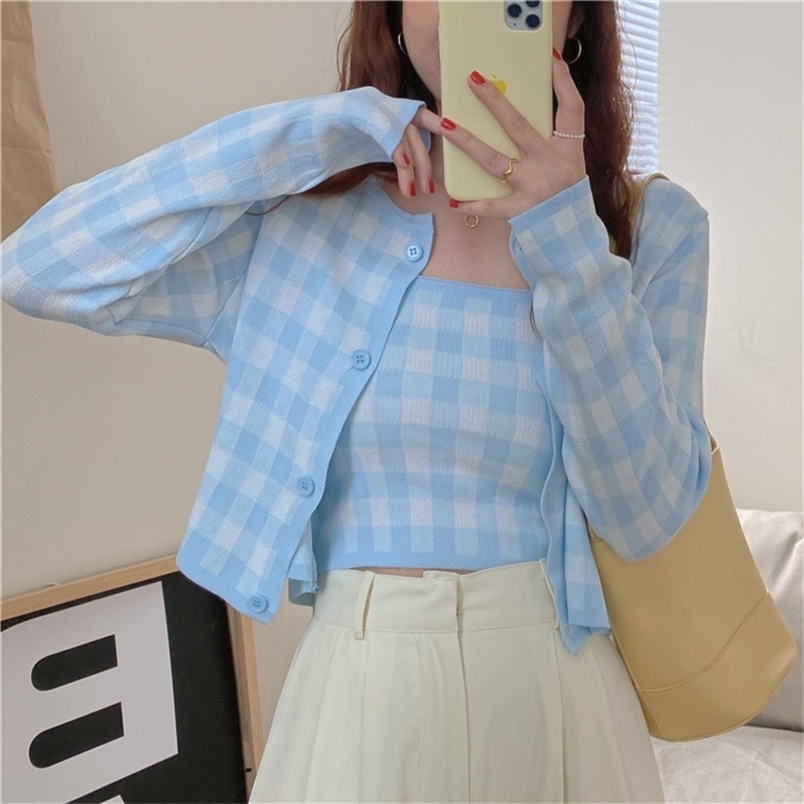 

Summer Women' Plaid Knitted Sweet Single-Breasted Cardigan Top and Sexy Vest Ladies Two Piece Set 210519, Pink