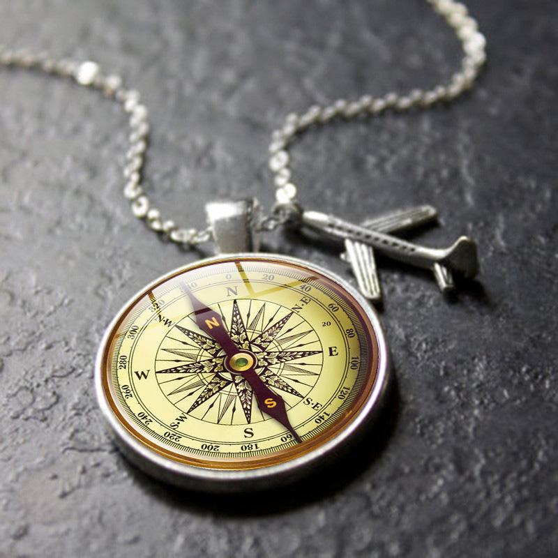 Pendant Necklaces XUSHUI XJ Vintage Compass Po Glass Cabochon Aircraft Necklace Travel Explore Discover Statement For Women-image-706617342
