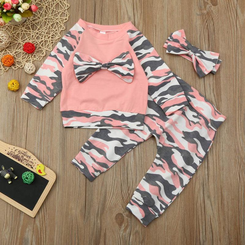 

Clothing Sets Camouflage Bow Baby Outfits Born Toddler Girls Boys Long Sleeve Tops + Pants Headbands Set Winter Clothes, White