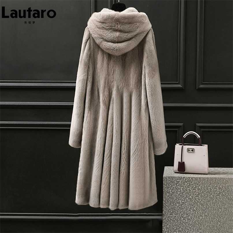 

Lautaro Winter Long Fluffy Warm Thick Skirted Faux Mink Fur Coat Women with Hood Elegant Luxury Maxi Furry Overcoat Fashion 211018, Grey