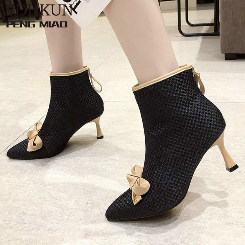 

Boots Female Women Shoes Autumn Stiletto High Heel Plush Pointed Toe Bow Rhinestone Fashion Sexy Zipper Leather Ankle UQG3, Black