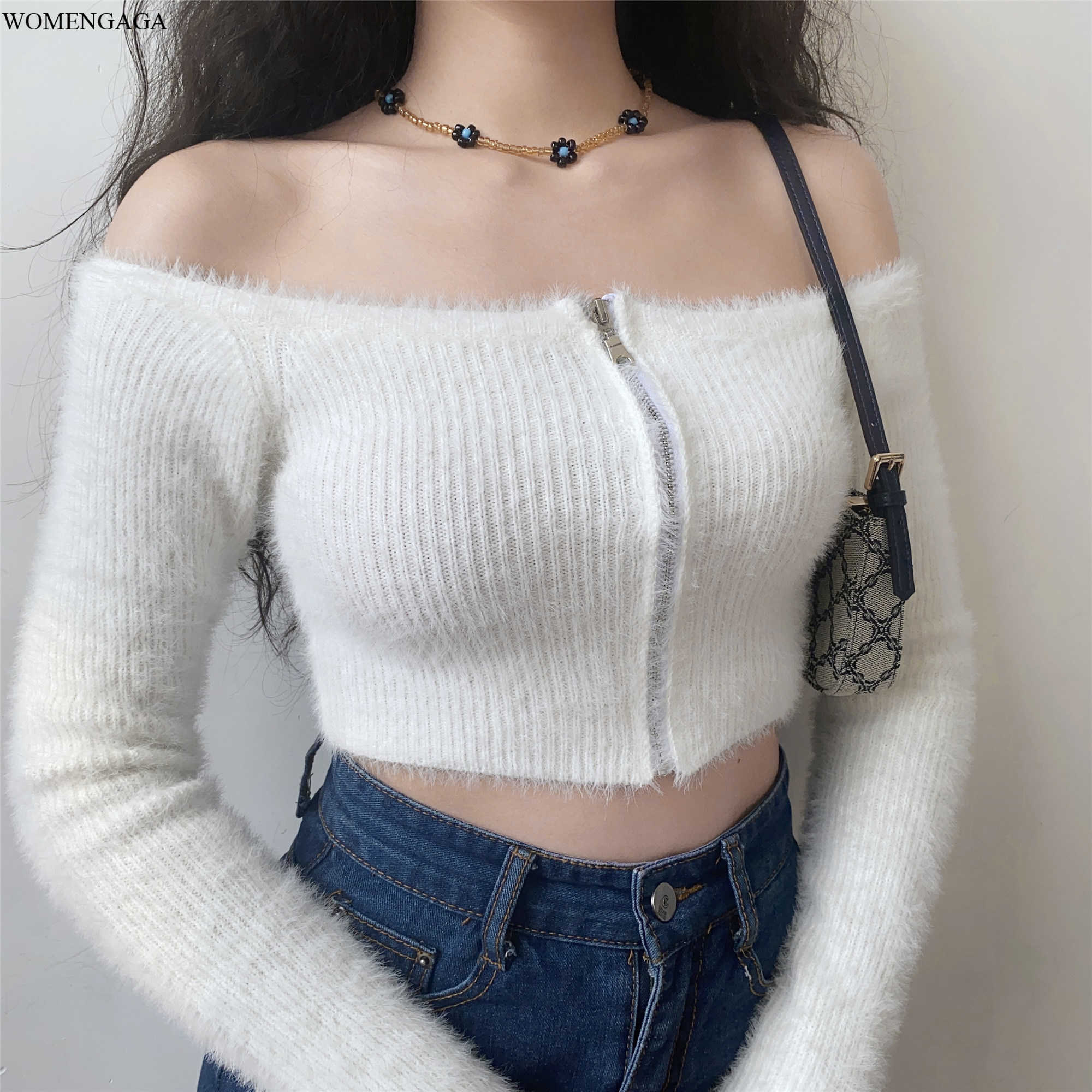 

WOMENGAGA Sexy Slim-fit Shoulder Zipper Knitwear Off-shoulder High Waist Short Pullovers Top For Women C4BW 210603, Black