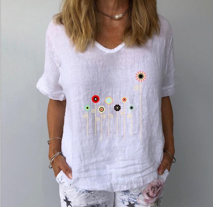 

Women' Blouses & Shirts Elegant Linen Cotton Women Loose Shirt Summer V Neck Short Sleeve Blouse Casual Floral Print Ladies Tops Blusa Pull, 04 light blue