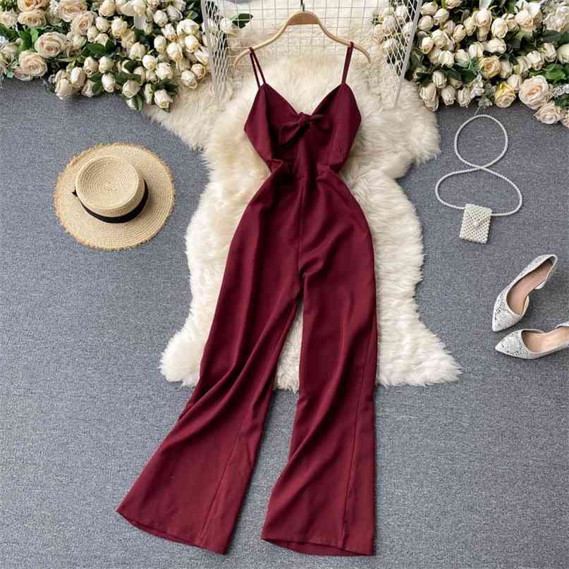 

Women Spaghetti Strap Long Jumpsuit Sexy Streetwear Bow tied V-neck Sleeveless Wide Leg Pants Summer Clothes Backless Overalls 210603, Yellow