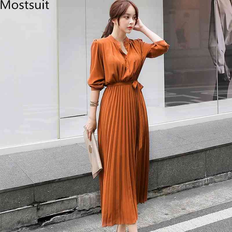 

Spring Autumn Korean Office Sashes Pleated Long Dress Women Sleeve Stand Collar Single-breasted Dresses Vestidos Femme 210518, Caramel