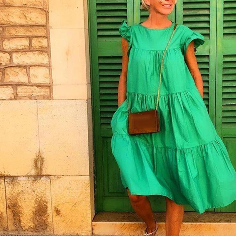 

summer casual solid color women dress o neck ruffled short sleeve large hem a line midi, Black;gray