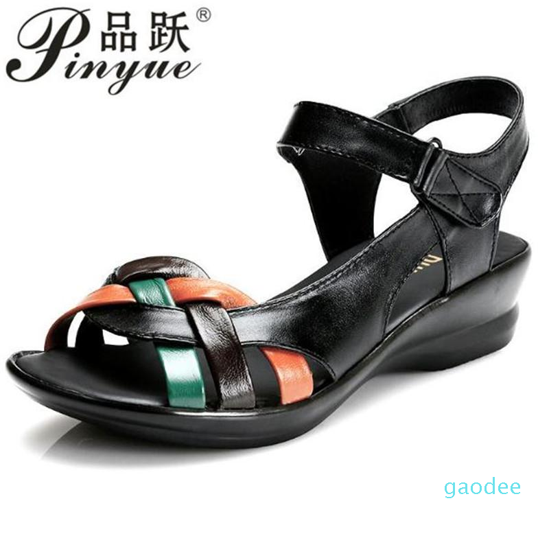 

Sandals Plus Size 35-42 Summer Women Genuine Leather Wedges Open Toe Shoes Comfortable Female Mother, Red