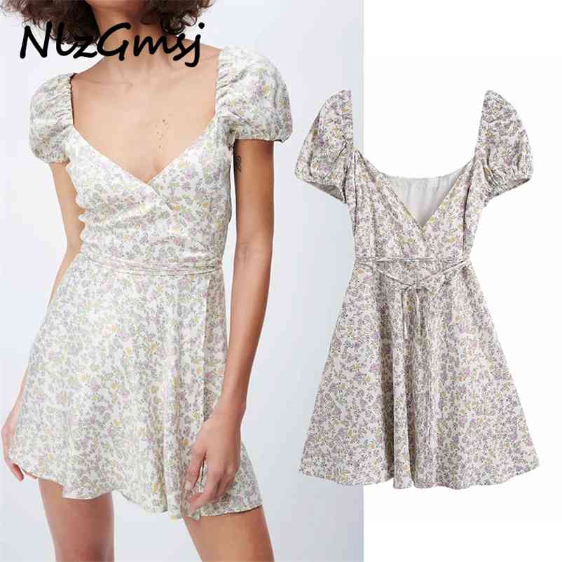 

Dres Elegant wrinkle retro v neck dress Fashion mini High waist lace-up summer 04 210628, As picture