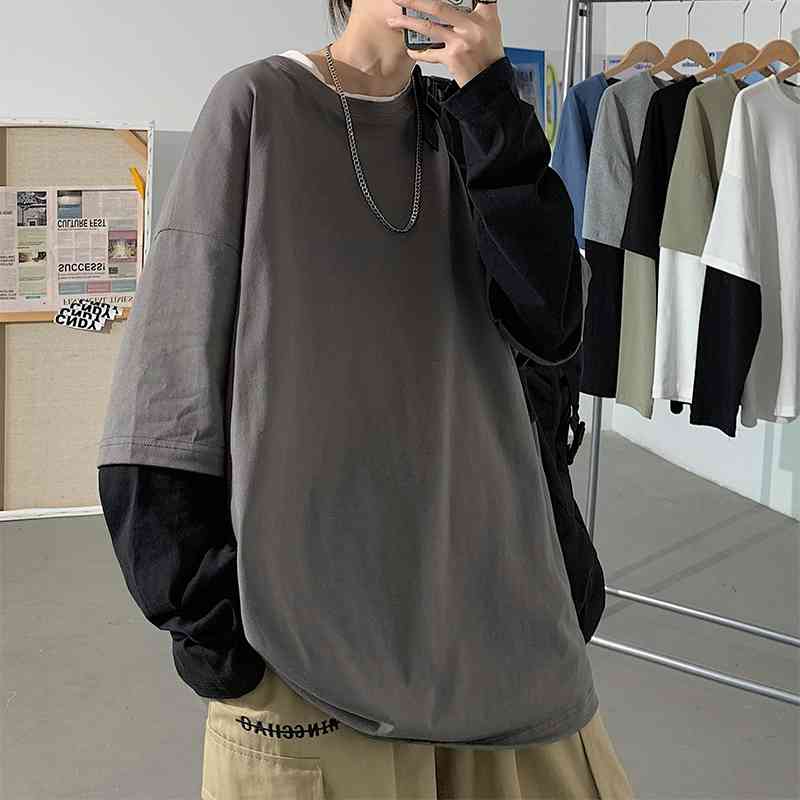 

Autumn Spring Fashion Oversized Fake Two Pieces Black Grey Tshirt Men's Long Sleeve Casual O Neck T-Shirt For Man TOP TEES 210629, T503 2