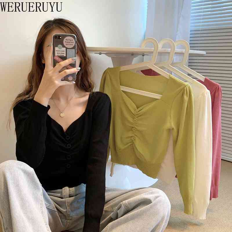 

WERUERUYU Long-sleeved V-neck Fashion Women Spring Korean Slim Wild Casual Short 210608, Photo color