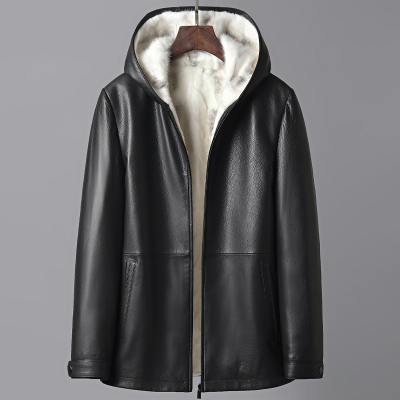 

Winter Jackets Men Real Mink Fur Coat Windbreaker Genuine Leather Jacket With Hood Thickening Warm Outerwear Overcoat Plus Size Man Clothes, Black