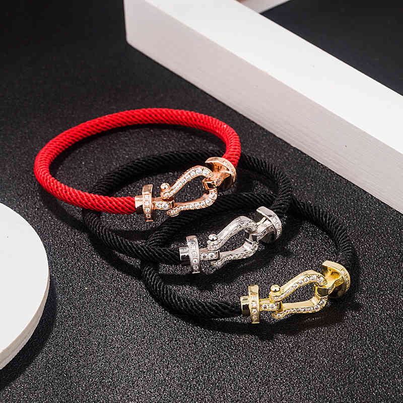 

bangles bracelet s925 sterling silver u-shaped 8-shaped horseshoe buckle red rope women's micro inlaid diamond benmingnian jewelry, Black