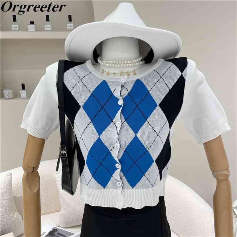 

Contrast color Diamond lattice Knitted Cropped Cardigan Women's Tops Summer Vintage Short Sleeve Single breasted Thin Tshirt 210602, White