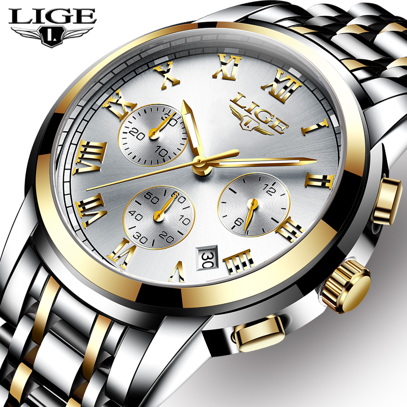 

LIGE Men Watches Top Luxury Brand Full Steel Waterproof Sport Quartz Watch Men Fashion Date Clock Chronograph Relogio Masculinog, L gold black