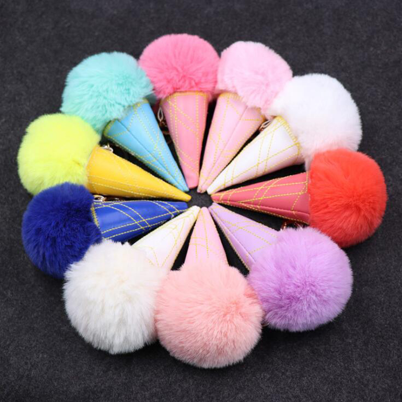 

10pcs/lot Women Keychains Jewelry 8cm Plush Ball Sweet Tube Ice Cream Key Ring Party Favors For Girls Bag Decorations