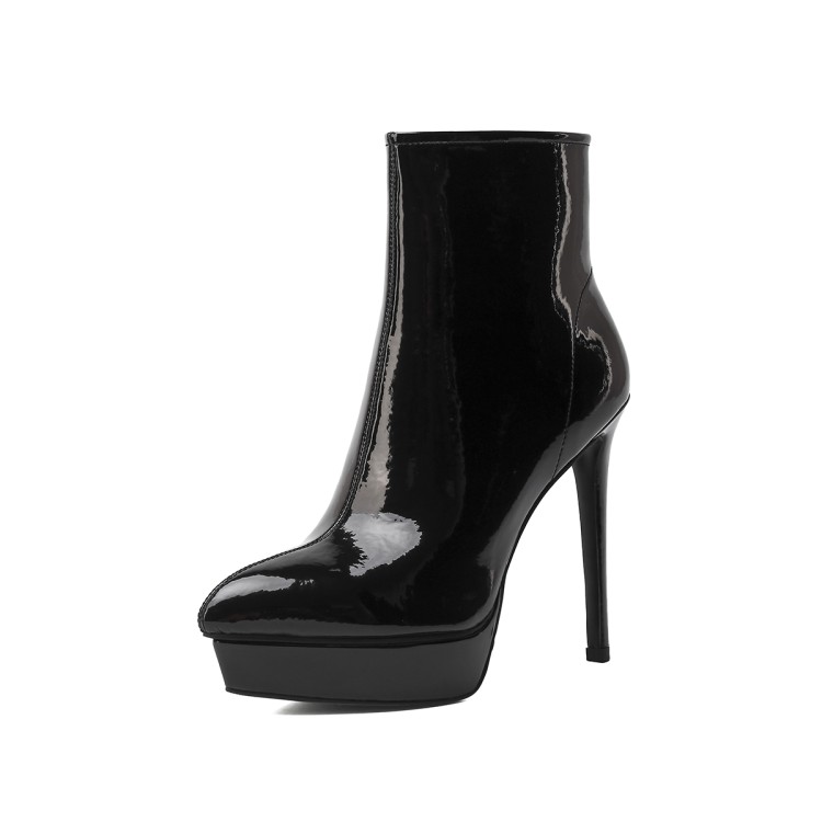 

winter short boots women designer round toe block hight heel soft natural genuine leather patent party wedding fashion luxury platform lady, Black