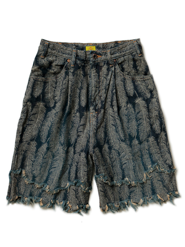 

21ss Kapital Hirata Hehong feather DENIM Unisex casual shorts 0XGA, White;black