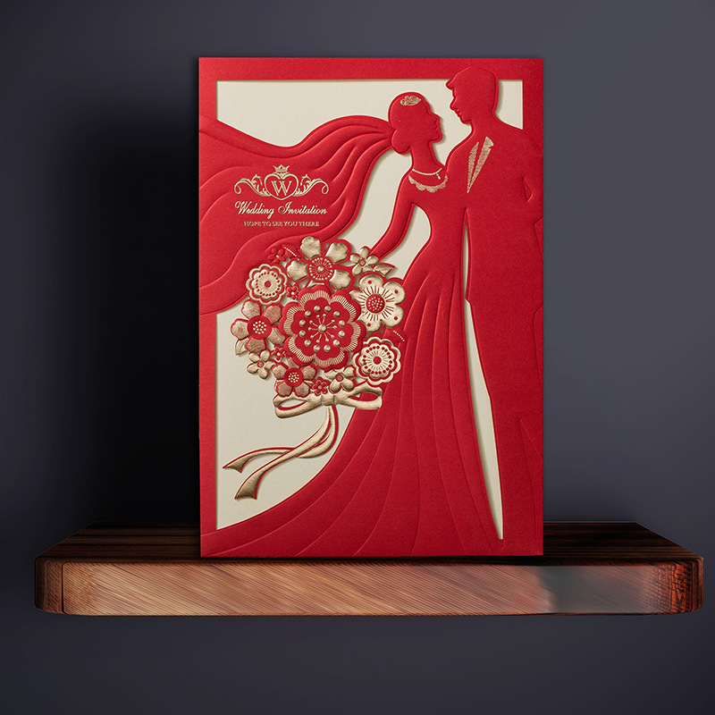 

Wedding Invitations Personalized Printable European Style gold Stamping Invitation Card Bride And Bridegroom Laser Cutting Hollow Out Party Supplies, Champagne