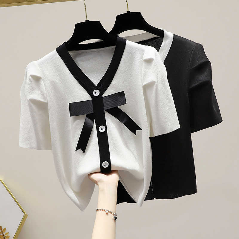 

V Neck Pullover Puff Short Sleeve Knit Sweater Women Vintage Print Loose Pull Femme Spring Summer Outwear Sueter 210604, White