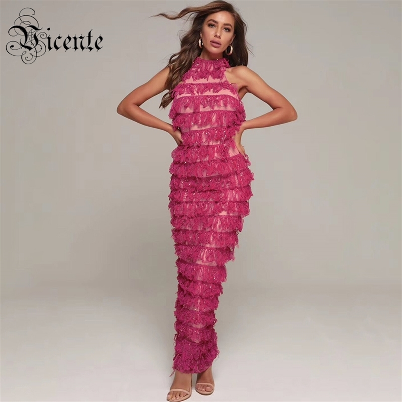 

Chic Pink Cascading Ruffles Sequins Design Celebrity Party Club Maxi Long Dress 210520, Hot pink