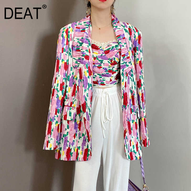 

[DEAT] Summer Fashion Single-breasted Turn-down Collar Printing Blazer High Waist Wide Leg Pants Three-piece Suit 13Q309 210527, Tank tops