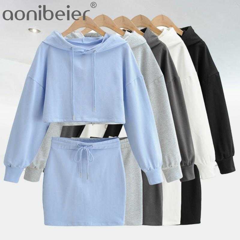 

Casual Sweatshirt Women's Korean Cropped Hoodie Oversized Two Piece Set Women High Waisted Drawstring Mini Skirt 210604, White