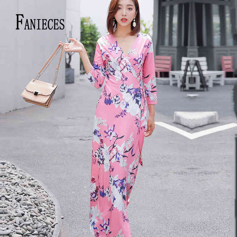 

Women Summer Boho Dress Floral Print Long Sleeve Robe Femme ete Split Maxi es Party Beach Bohemian Drop 210520, V36-3006