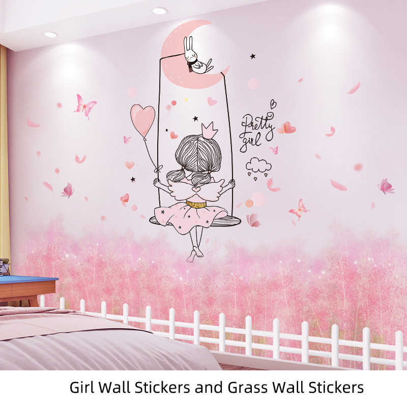 

Cartoon Girl Wall Stickers DIY Chaotic Grass Plants Mural Decals for Kids Rooms Baby Bedroom Kitchen Nursery Home Decoration X0703, Black