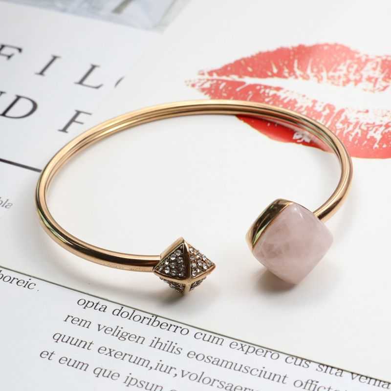 

2021 Wholesales Stainless Steel Bangles for Women Rose Gold Bracelet Pink Natural Crystal Open Accessories Fashion Jewelry Q0719