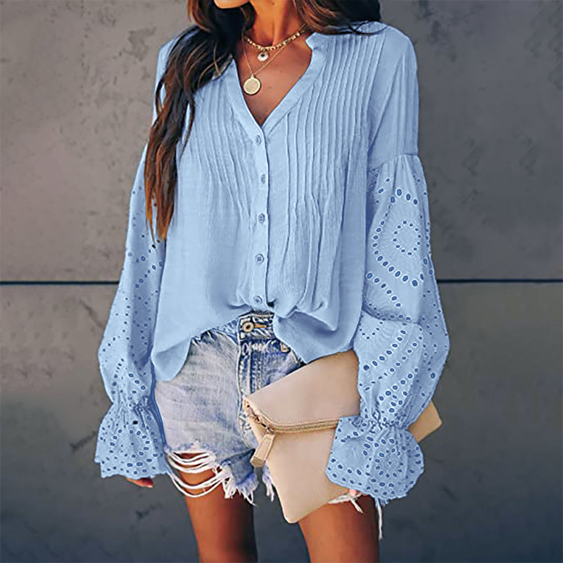 

Trumpet Sleeve Patchwork Hollow Out Women Shirt V Neck Solid Single Breasted Female Shirts Autumn Fashion Ladies Clothes 210518, Blue