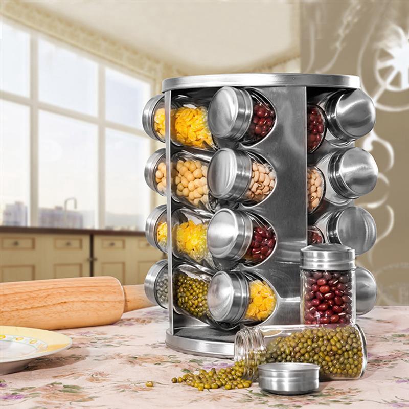 

Stainless Steel Seasoning Bottle Rack Kit Rotating Spice Set Large Capacity Condiment Jars Holder Organizer Kitchen Storage & Organization