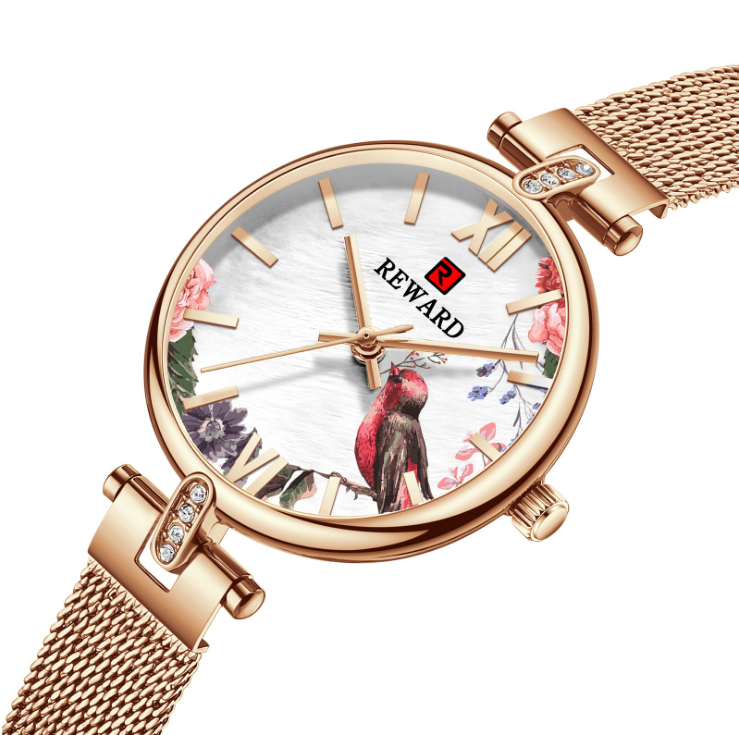 

Uniquely Printed Pattern REWARD Quartz Ladies Watch Glaring Watches Flowers and Birds Dial Womens INS Style Mineral Glass Glossy Mesh Strap Wristwatches, No send watch for shipping