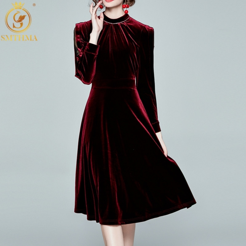 

Women Autumn Elegant Velvet Long Dresses Female High Quality Mesh Patchwork Full Sleeve Vintage Beading Vestidos 210520, Photo color