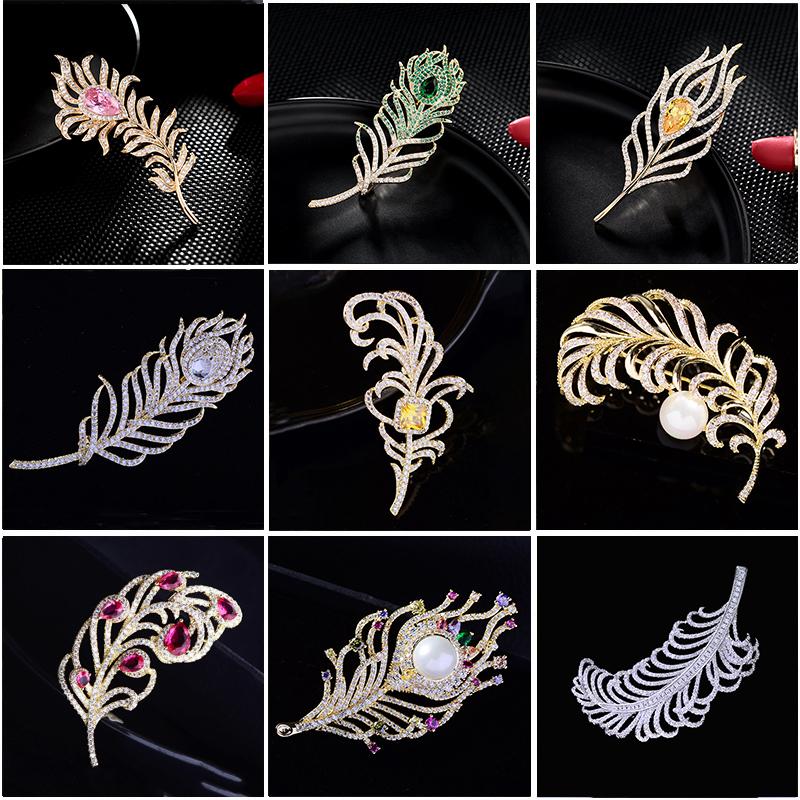 

Pins, Brooches Luxury And Elegant Temperament Cubic Zirconia Feather Brooch Pin For Women Autumn 2021 Trendy Pearl Accessories Jewelry, Gray