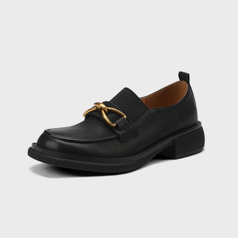 

Dress Shoes GUIDIBASIC Thick Heel Platform Women's Genuine Cow Leather Square Toe Metal Decoration Loafers, Black