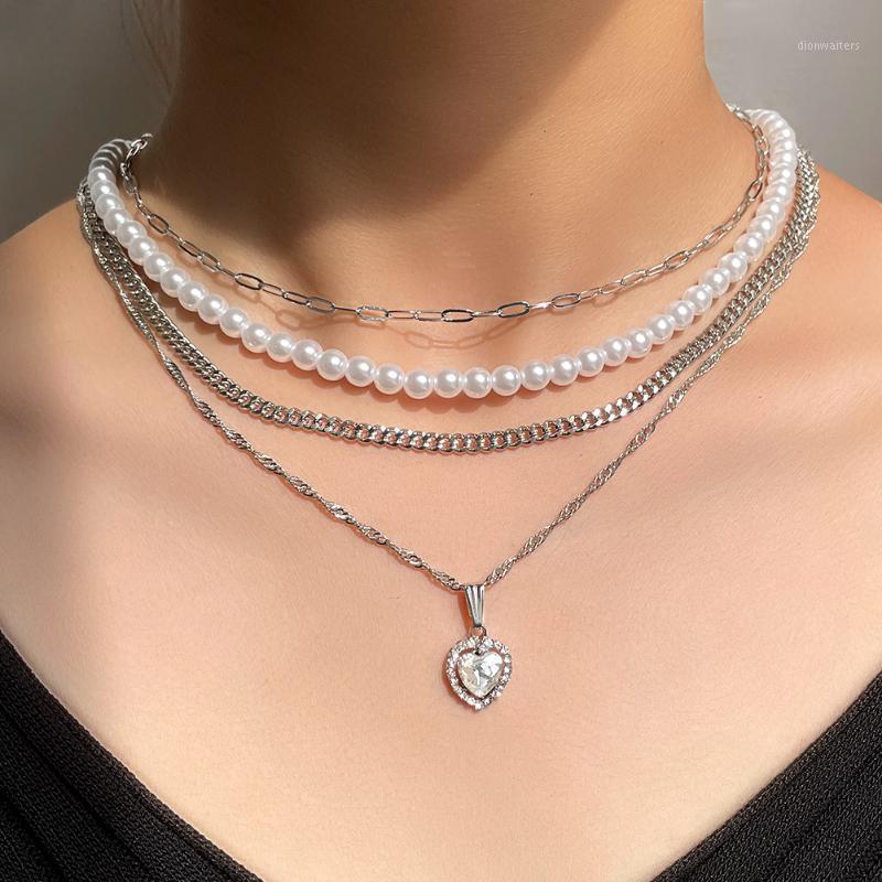 

Chains Pearl Beaded Choker Heart Crystal Pendant Necklaces For Women Silver Color Metal Clavicle Chain Necklace Multilayer Jewelry