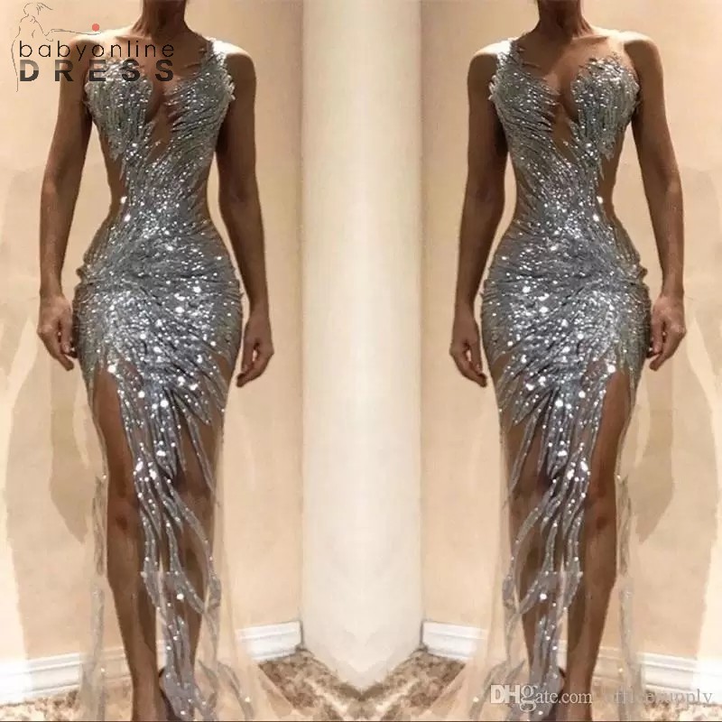 

Gorgeous Silver Mermaid Prom Dresses 2022 Sexy See Through Sequins Bodice Split Long Women Occasion Evening Gowns Custom Made, Grape