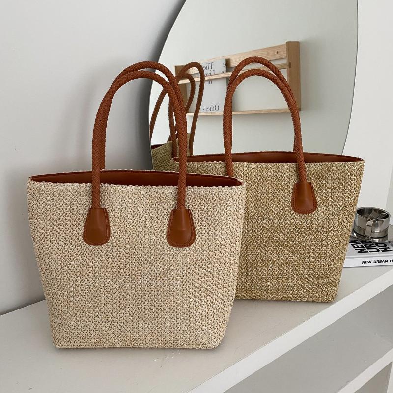 

Bohemian Straw Beach Bags Summer Large Capacity Totes Hand-woven Shoulder Female Travel Vacation Leisure Handbag Purse 2021, Brown