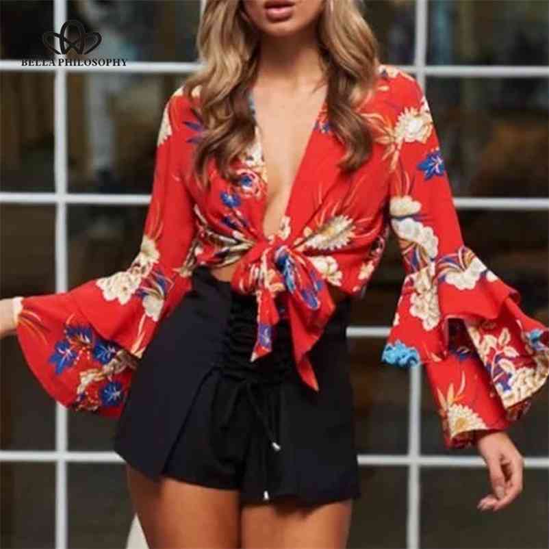 

Spring Women Sexy Blouse Butterfly Long Sleeve Print Female Short Tops Vintage Loose Fashion V Neck 210519, Red