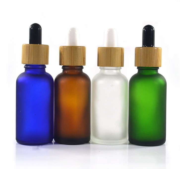 

1oz 30ml glass bottles with dropper essential oil frost black/clear/amber/blue/green with bamboo cap liquid bottle